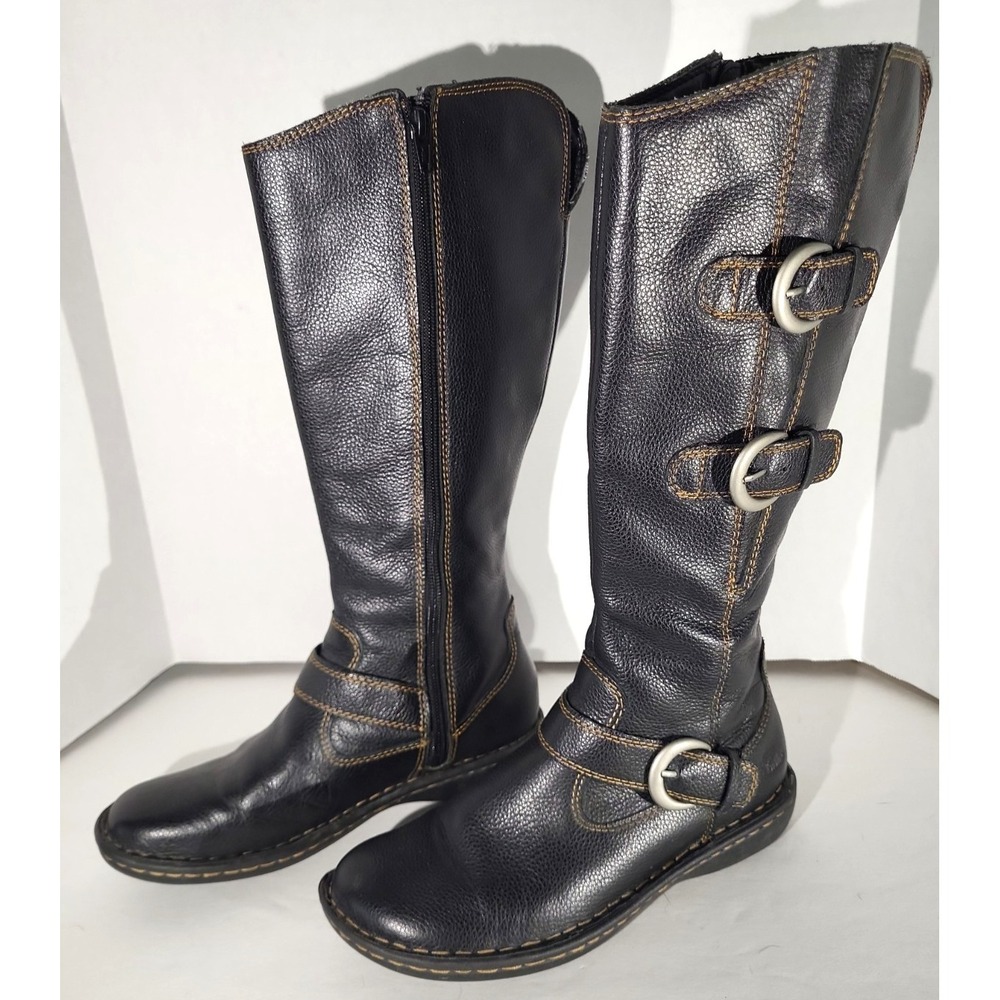 B.o.c by Born Black Leather Knee High Moto Boots Womens 7 Buckle Zip Flat Riding